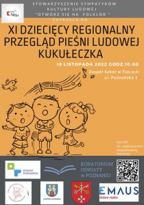 plakat przeglądu pieśni ludowej - na pomarańczowym tle szkice postaci śpiewających dzieci