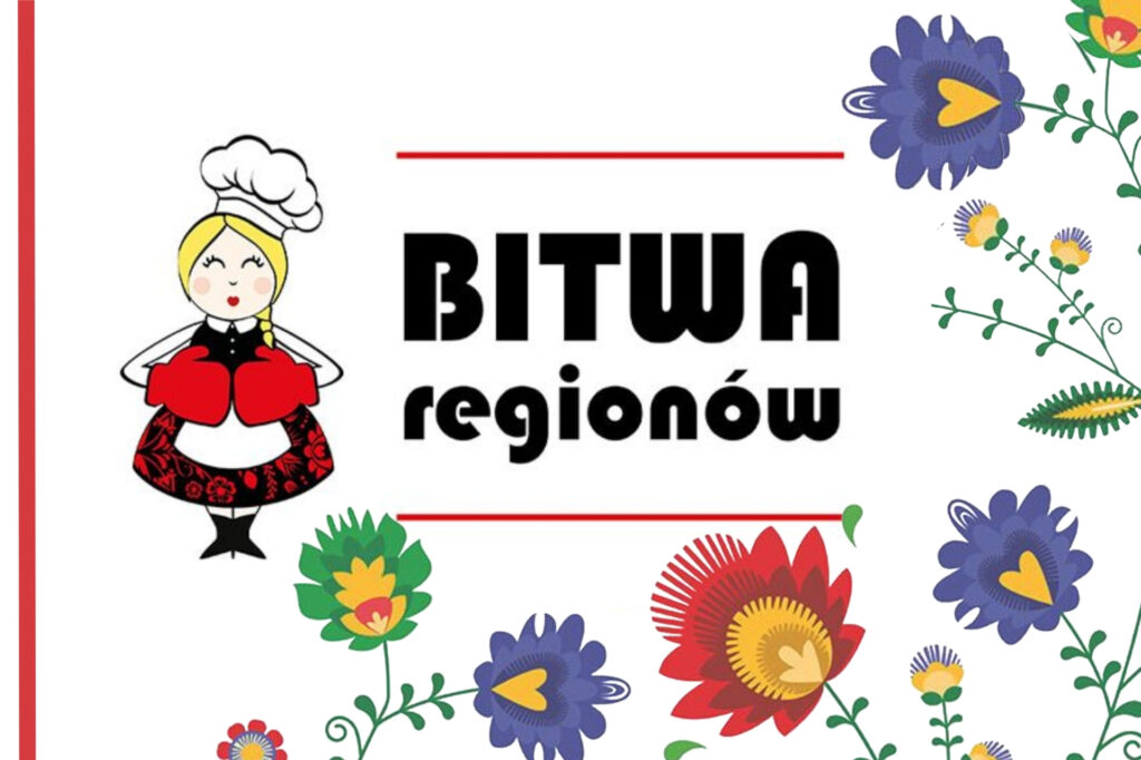 rysunkwa postać kobiety w stroju ludowym, w tle motyw kwiatów ludowych