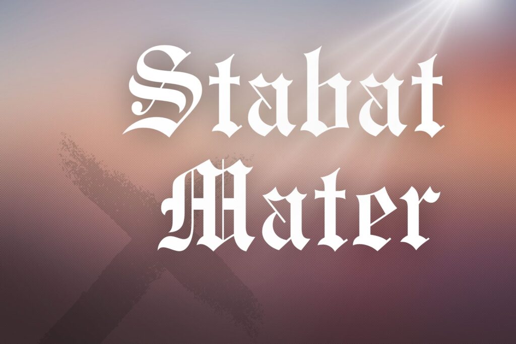 na gradientowym tle napis biały stabat mater