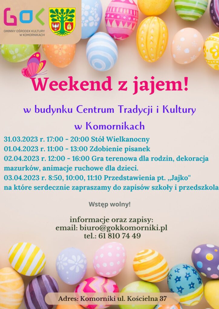 plakat w pastelowych kolorach wypełniony pisankami w tle
