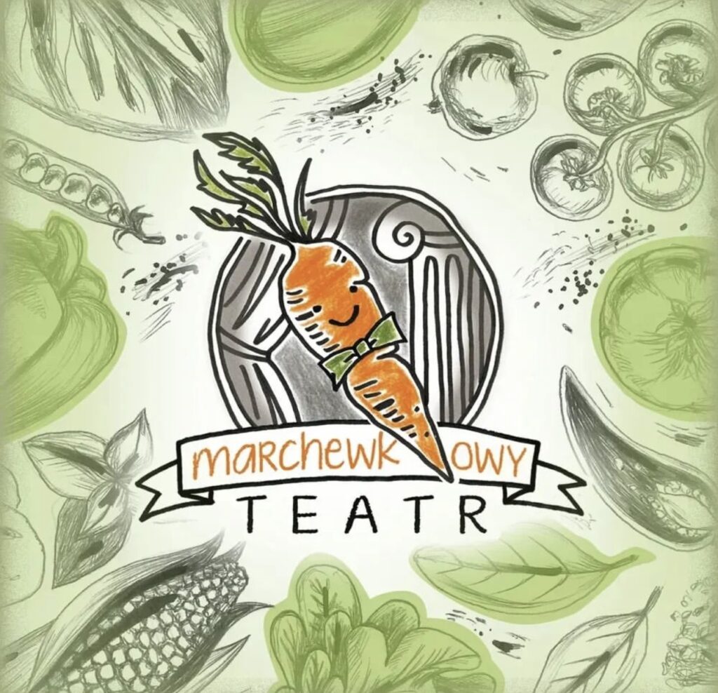 ramka z zielonych warzyw a na środku marchewka i napis marchewkowy teatr
