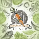 ramka z zielonych warzyw a na środku marchewka i napis marchewkowy teatr
