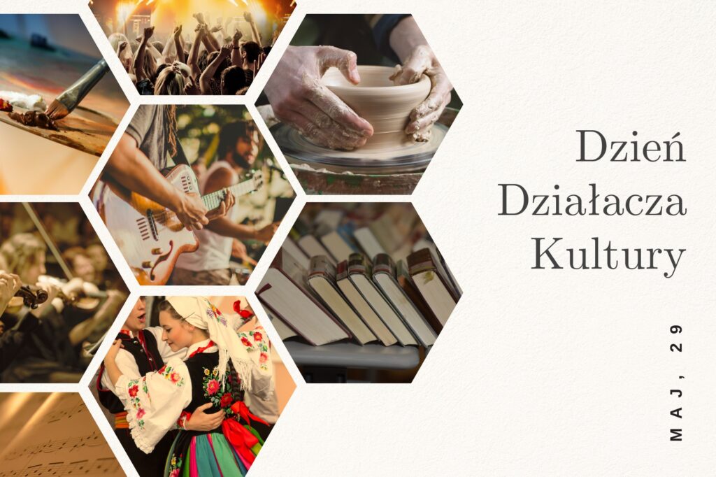 kolaż zdjęć z różnych dziedzin artystycznych, od rzeźbiarza po wokalistę i tancerza