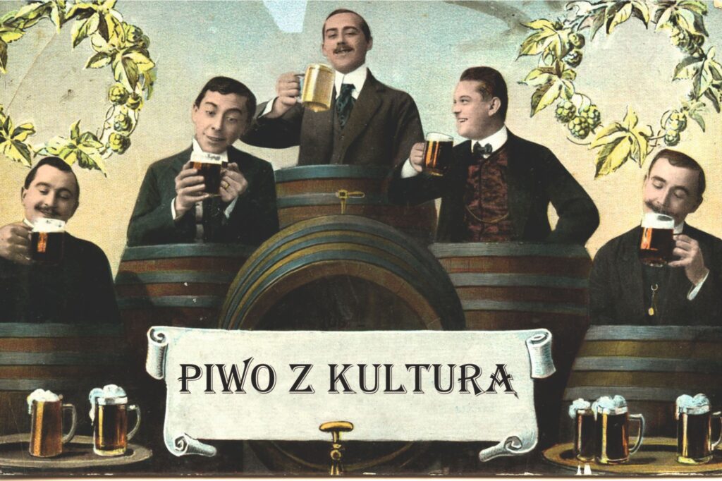 grafika w starym stylu, pięciu mężczyzn z kuflami piwa, siedzących przy beczkach piwa